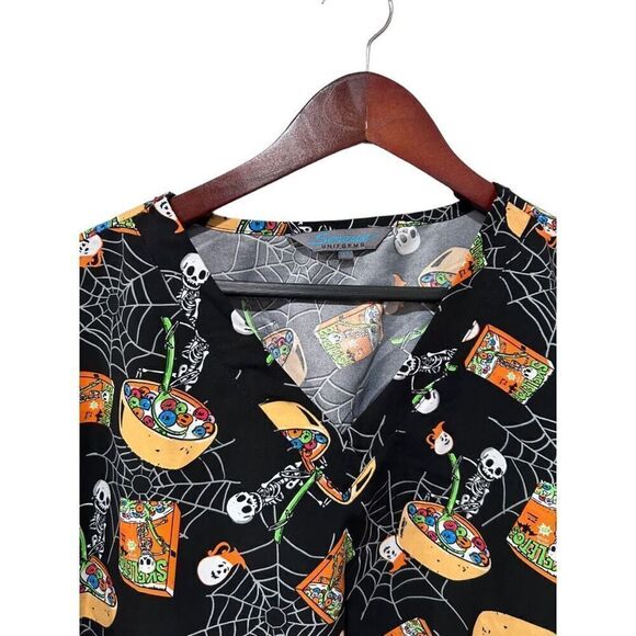 Serene Uniforms Halloween Skull Spooky Candy Bowl Scrub Top Size 2XL Festive - Picture 5 of 10
